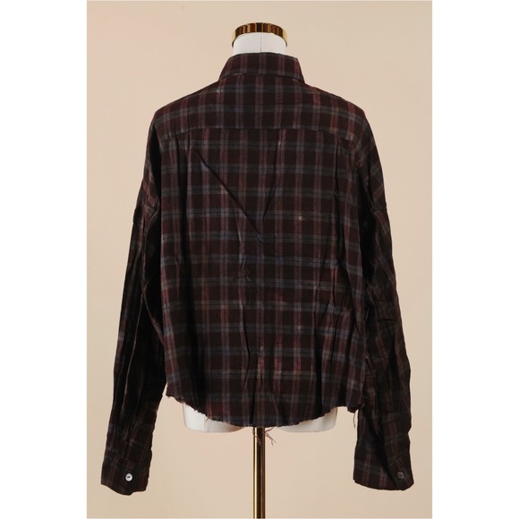 Sz M Olivaceous Cropped Burgundy & Grey Plaid Long Sleeve Button Down NWT - Picture 3 of 4